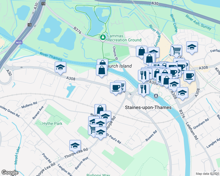 map of restaurants, bars, coffee shops, grocery stores, and more near The Causeway in Staines-upon-Thames