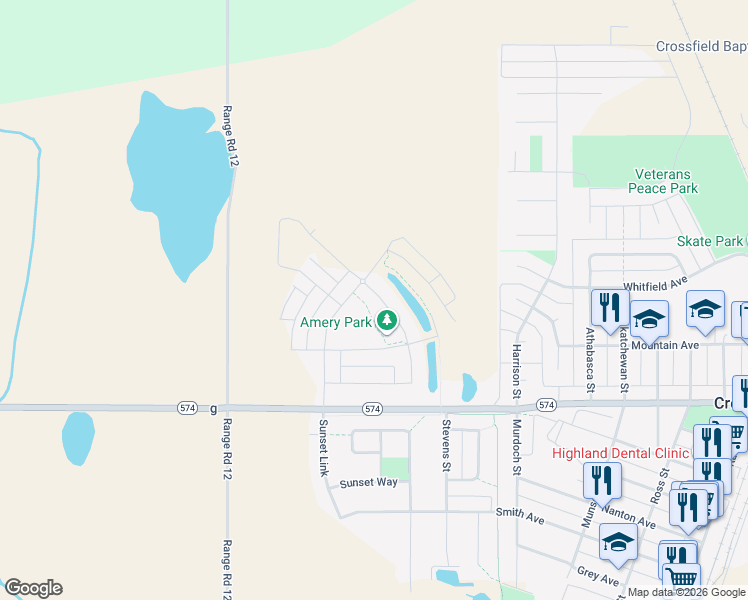 map of restaurants, bars, coffee shops, grocery stores, and more near 137 Amery Cres in Crossfield