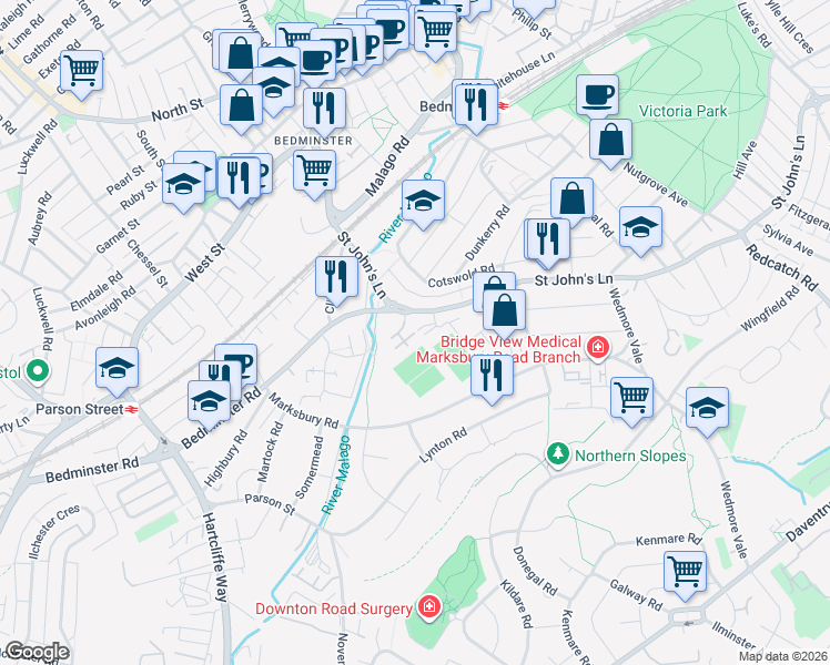 map of restaurants, bars, coffee shops, grocery stores, and more near Dickinsons Fields in Bristol City