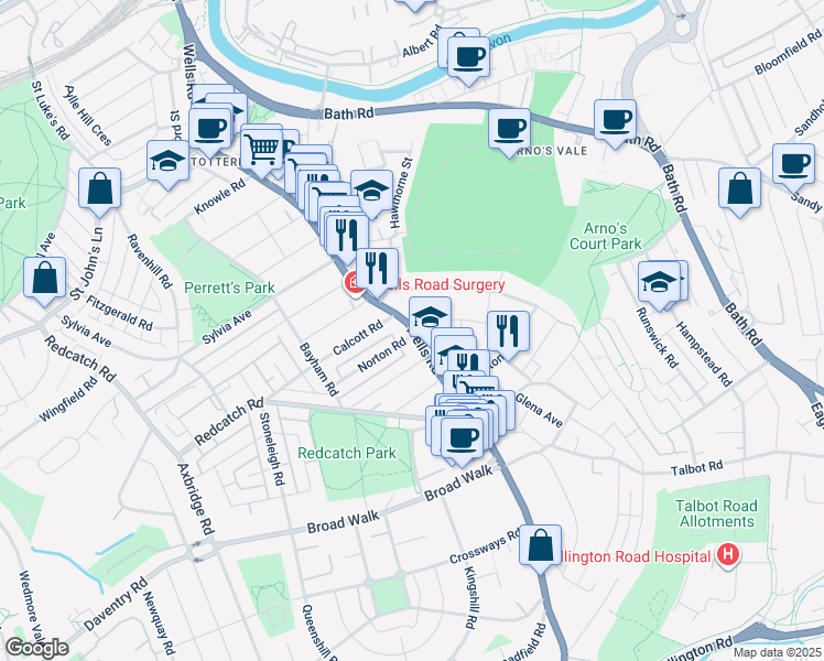 map of restaurants, bars, coffee shops, grocery stores, and more near Wells Road in Bristol City