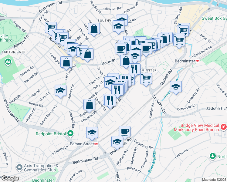 map of restaurants, bars, coffee shops, grocery stores, and more near 75 South Street in Bristol City