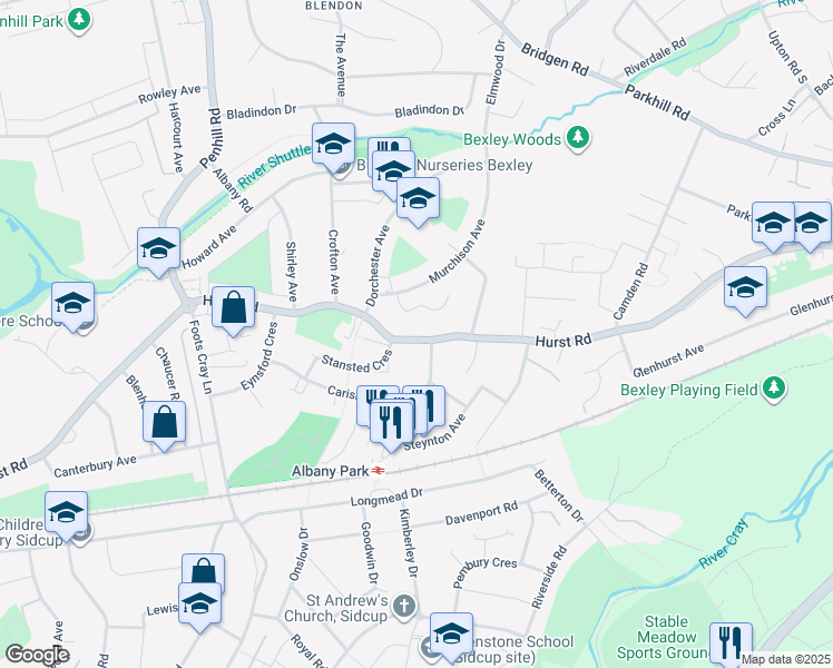 map of restaurants, bars, coffee shops, grocery stores, and more near Hurst Road in Greater London