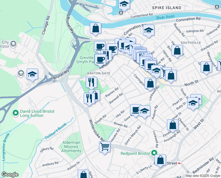 map of restaurants, bars, coffee shops, grocery stores, and more near Raynes Road in Bristol City