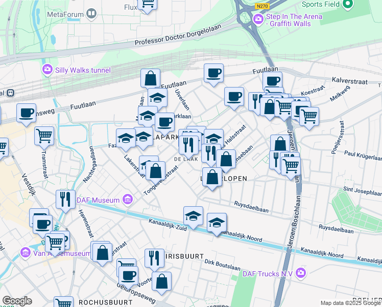 map of restaurants, bars, coffee shops, grocery stores, and more near 95 Tongelresestraat in Eindhoven