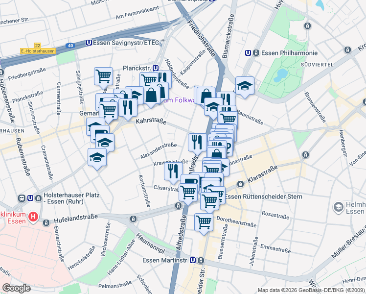 map of restaurants, bars, coffee shops, grocery stores, and more near Goethestraße in Essen