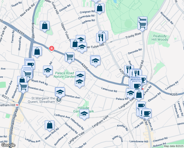 map of restaurants, bars, coffee shops, grocery stores, and more near 22 Christchurch Road in Greater London
