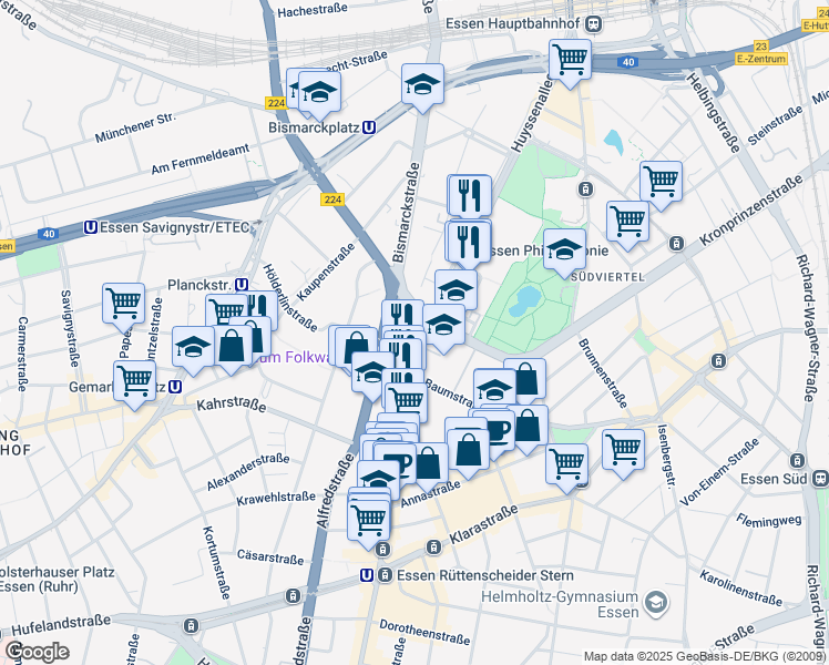 map of restaurants, bars, coffee shops, grocery stores, and more near 1 Friedrichstraße in Essen