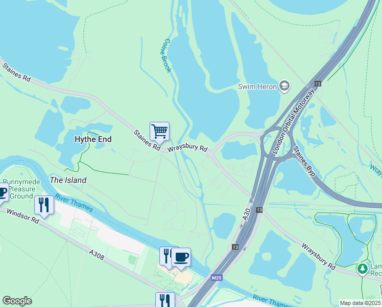 map of restaurants, bars, coffee shops, grocery stores, and more near Wraysbury Road in Staines-upon-Thames