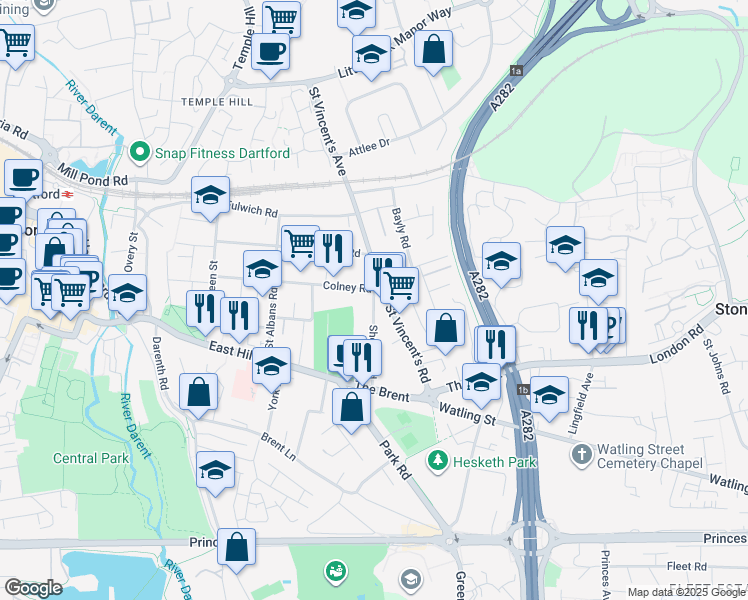 map of restaurants, bars, coffee shops, grocery stores, and more near Shenley Road in Kent