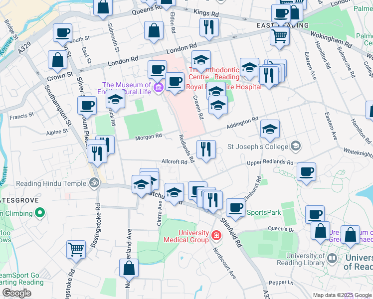 map of restaurants, bars, coffee shops, grocery stores, and more near Redlands Road in Reading