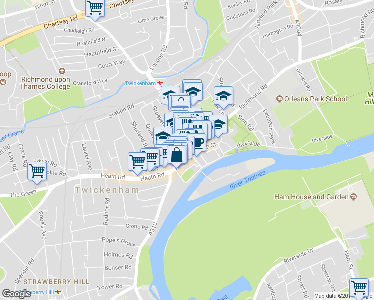 map of restaurants, bars, coffee shops, grocery stores, and more near 1 London Road in Greater London