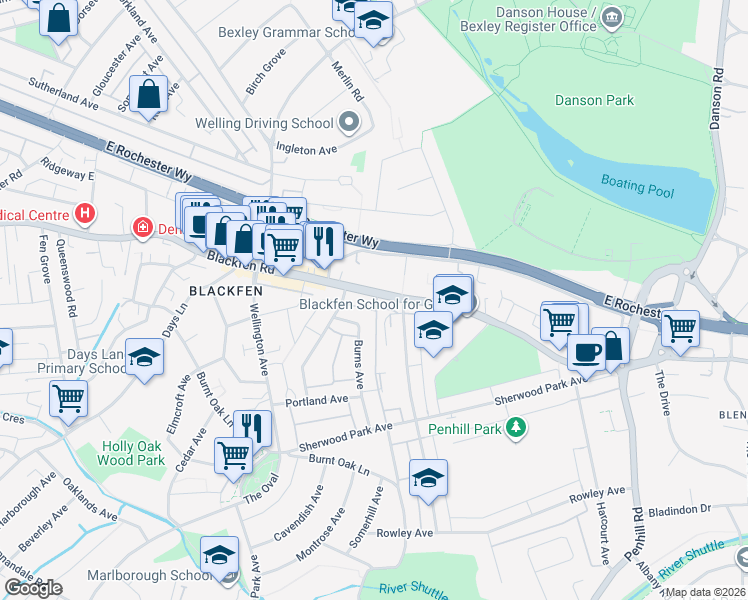 map of restaurants, bars, coffee shops, grocery stores, and more near Blackfen Road in Greater London
