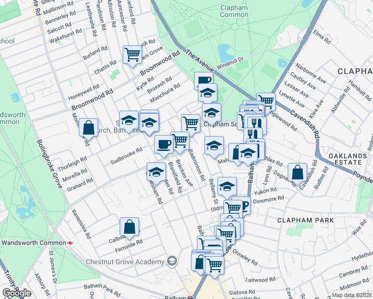 map of restaurants, bars, coffee shops, grocery stores, and more near 43 Nightingale Lane in Greater London