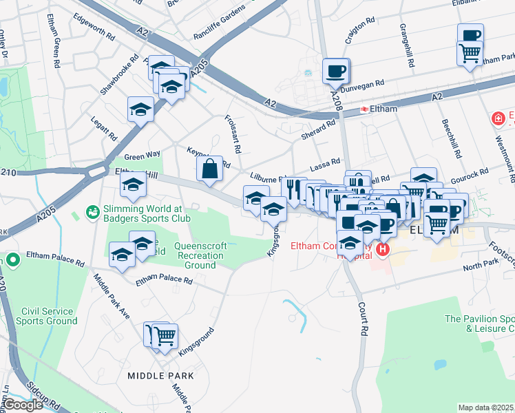 map of restaurants, bars, coffee shops, grocery stores, and more near Eltham Hill in Greater London