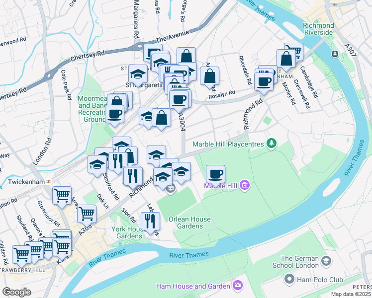 map of restaurants, bars, coffee shops, grocery stores, and more near Crown Road in Greater London