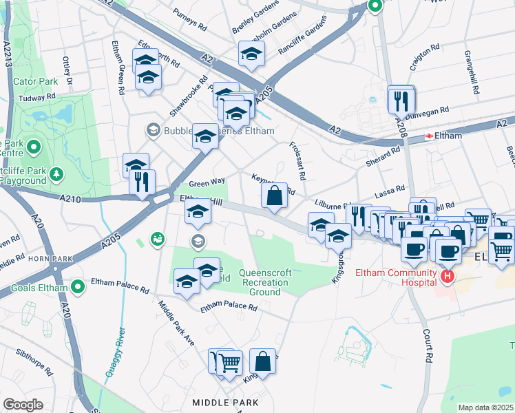 map of restaurants, bars, coffee shops, grocery stores, and more near Eltham Hill in Greater London