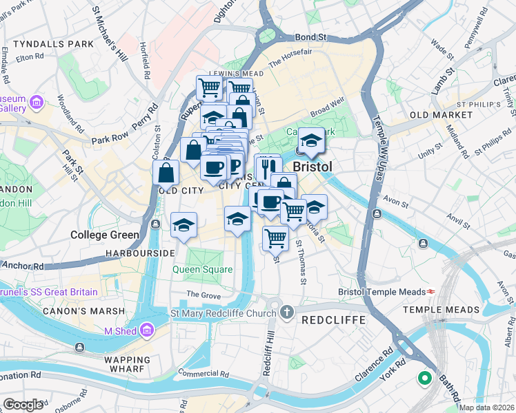 map of restaurants, bars, coffee shops, grocery stores, and more near Redcliff Street in Bristol City