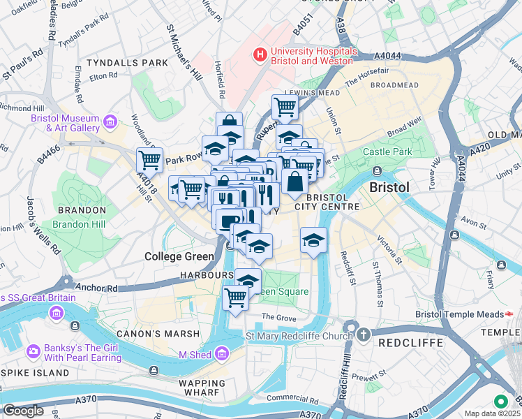 map of restaurants, bars, coffee shops, grocery stores, and more near 13-21 Baldwin Street in Bristol City