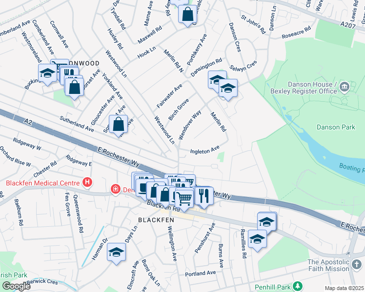 map of restaurants, bars, coffee shops, grocery stores, and more near in Greater London