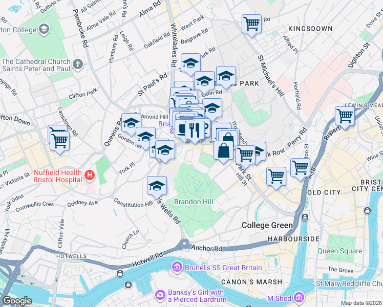 map of restaurants, bars, coffee shops, grocery stores, and more near Upper Byron Place in Bristol City