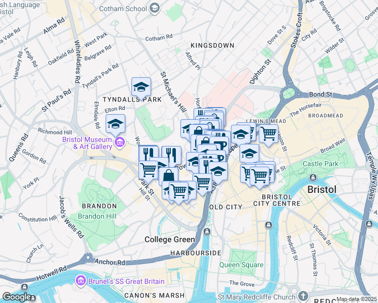 map of restaurants, bars, coffee shops, grocery stores, and more near Old Park Hill in City of Bristol