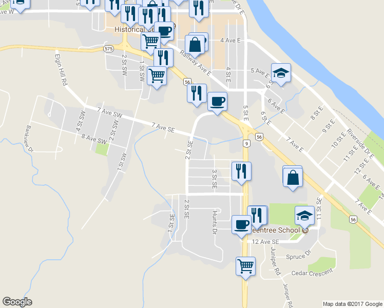 map of restaurants, bars, coffee shops, grocery stores, and more near 712 2 Street Southeast in Drumheller