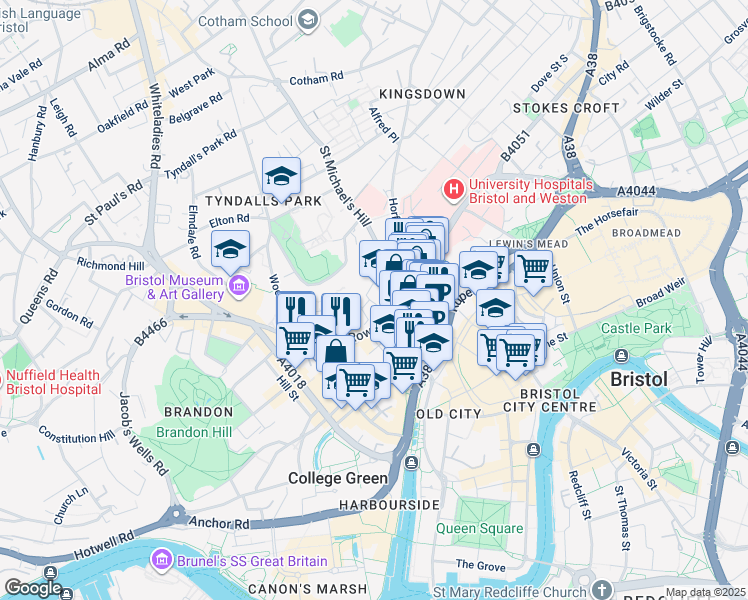 map of restaurants, bars, coffee shops, grocery stores, and more near Old Park Hill in City of Bristol