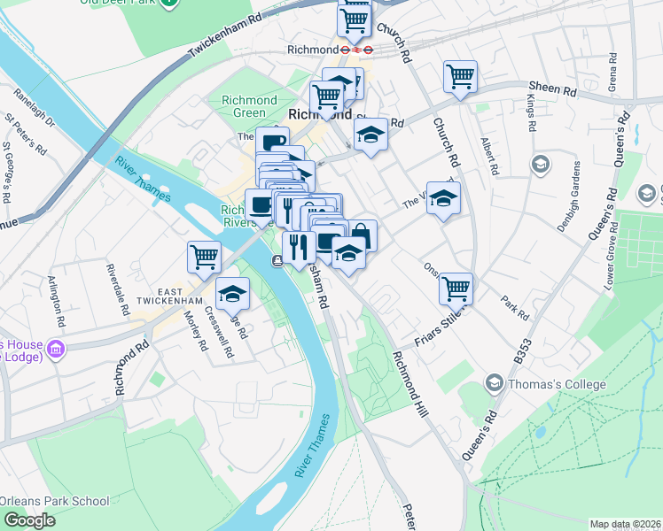 map of restaurants, bars, coffee shops, grocery stores, and more near 2 Richmond Hill in Greater London