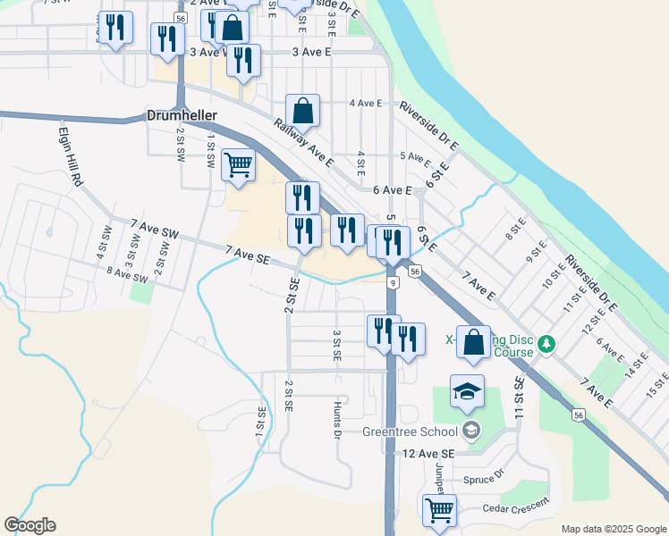 map of restaurants, bars, coffee shops, grocery stores, and more near 680 2 Street Southeast in Drumheller