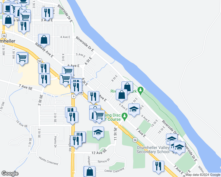 map of restaurants, bars, coffee shops, grocery stores, and more near 416 8 Street East in Drumheller