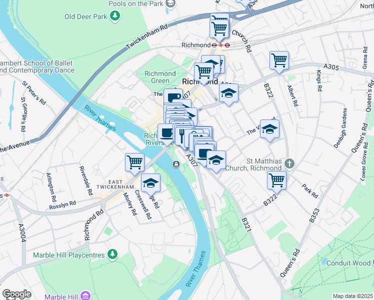 map of restaurants, bars, coffee shops, grocery stores, and more near Hill Rise in Greater London