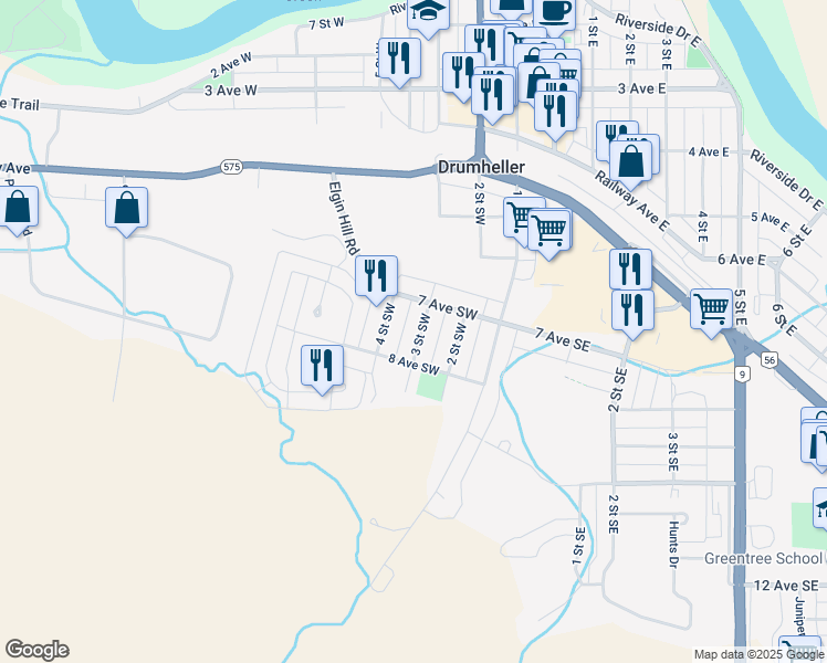 map of restaurants, bars, coffee shops, grocery stores, and more near 715 3 Street Southwest in Drumheller