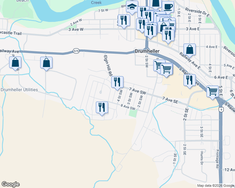 map of restaurants, bars, coffee shops, grocery stores, and more near 707 4 Street Southwest in Drumheller