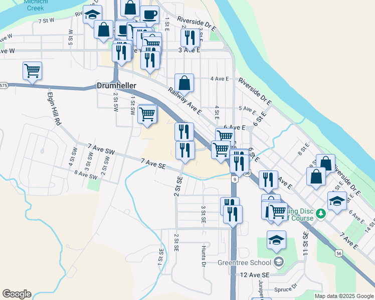 map of restaurants, bars, coffee shops, grocery stores, and more near 680 2 Street Southeast in Drumheller