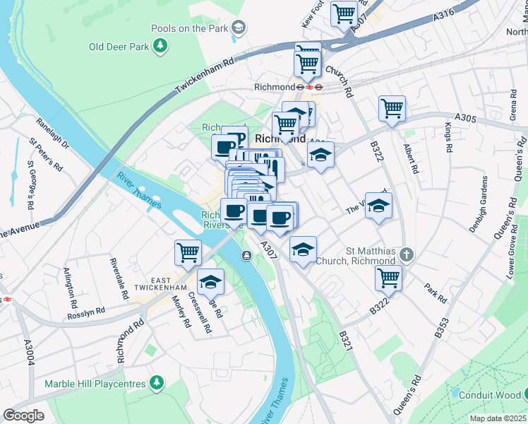 map of restaurants, bars, coffee shops, grocery stores, and more near Ormond Road in Greater London