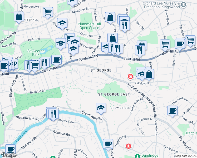 map of restaurants, bars, coffee shops, grocery stores, and more near Queen's Road in Bristol City