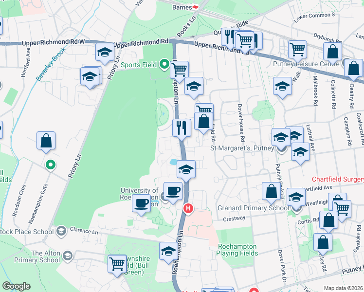 map of restaurants, bars, coffee shops, grocery stores, and more near Roehampton Lane in Greater London