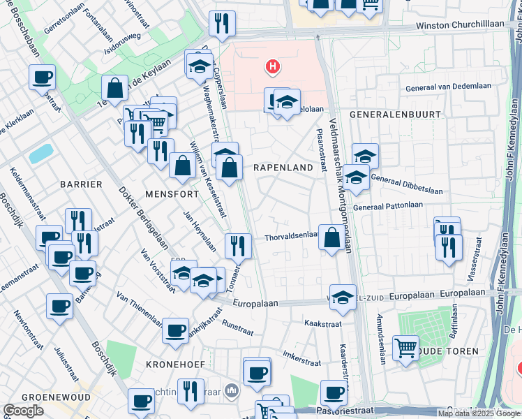 map of restaurants, bars, coffee shops, grocery stores, and more near 361 Woenselsestraat in Eindhoven