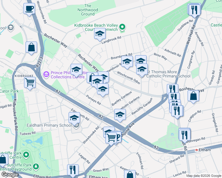 map of restaurants, bars, coffee shops, grocery stores, and more near 25 Lynsted Gardens in Greater London