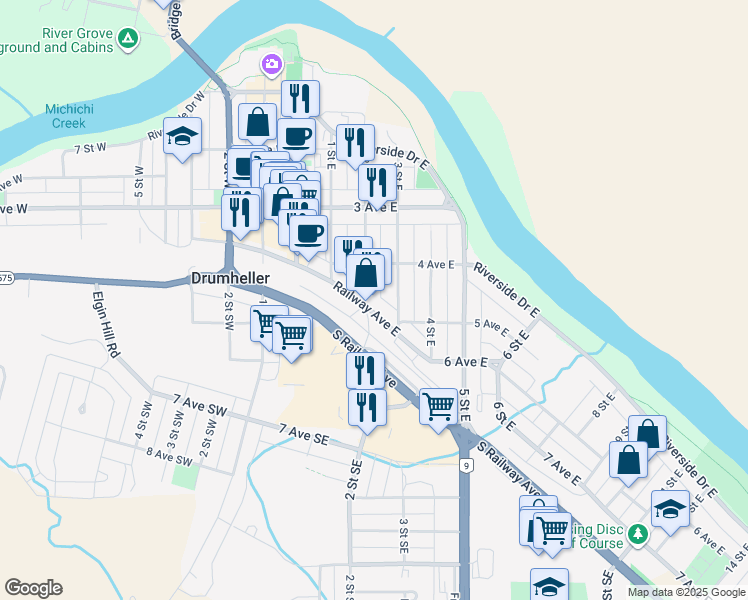 map of restaurants, bars, coffee shops, grocery stores, and more near 413 3 Street East in Drumheller