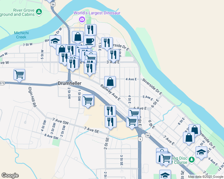map of restaurants, bars, coffee shops, grocery stores, and more near 413 3 Street East in Drumheller