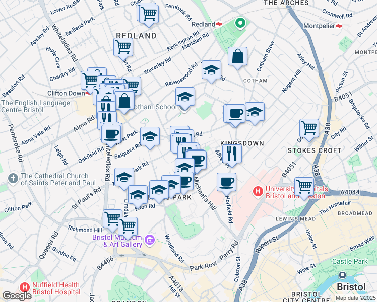 map of restaurants, bars, coffee shops, grocery stores, and more near High Kingsdown in Bristol City