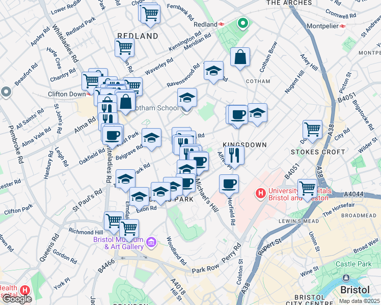 map of restaurants, bars, coffee shops, grocery stores, and more near High Kingsdown in Bristol City