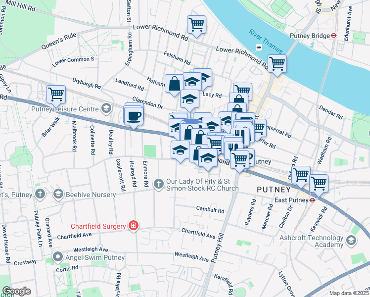 map of restaurants, bars, coffee shops, grocery stores, and more near 225 Upper Richmond Road in London