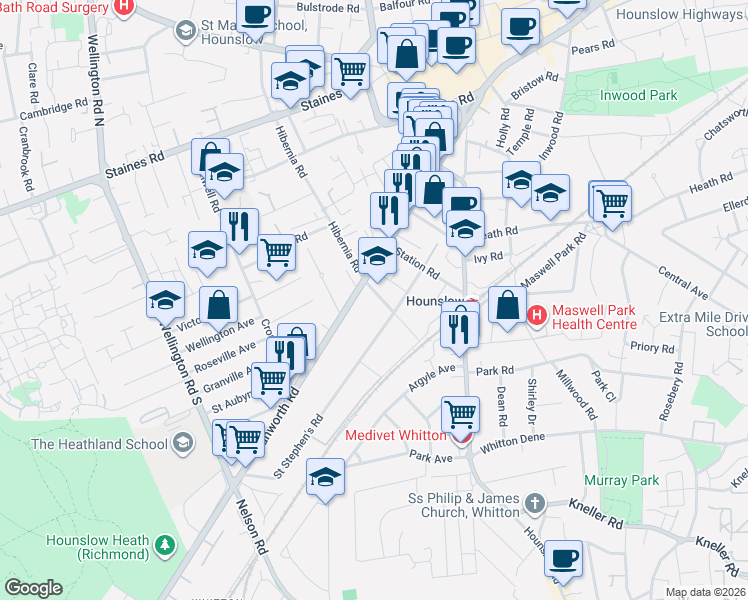 map of restaurants, bars, coffee shops, grocery stores, and more near 2 Parkside Road in Greater London