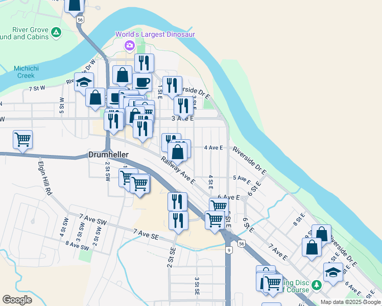 map of restaurants, bars, coffee shops, grocery stores, and more near 413 3 Street East in Drumheller