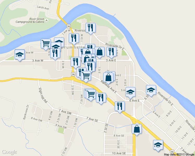 map of restaurants, bars, coffee shops, grocery stores, and more near 96 Railway Avenue East in Drumheller