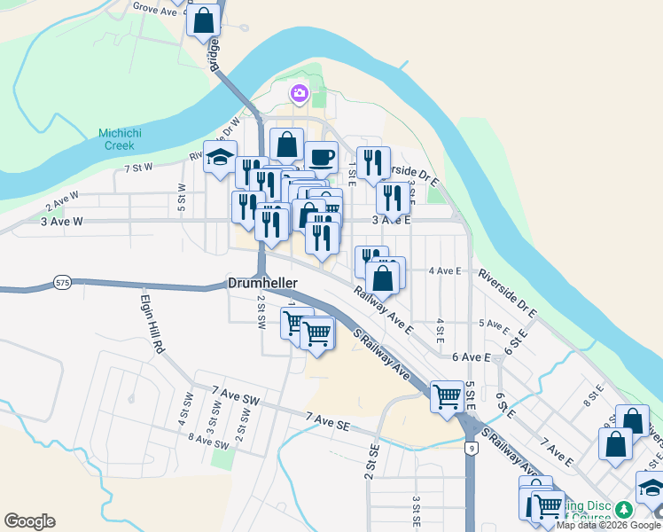 map of restaurants, bars, coffee shops, grocery stores, and more near 96 Railway Avenue East in Drumheller