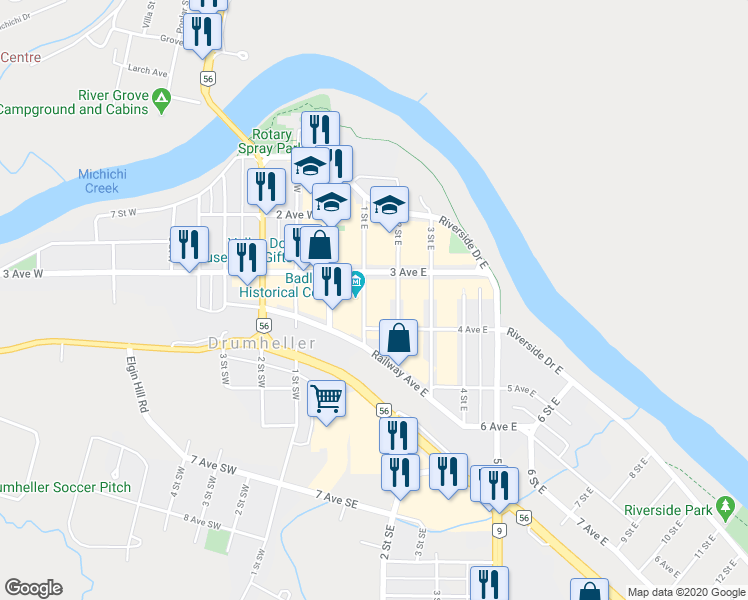 map of restaurants, bars, coffee shops, grocery stores, and more near 135 3 Avenue East in Drumheller