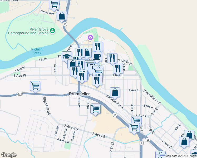 map of restaurants, bars, coffee shops, grocery stores, and more near 95 3 Avenue East in Drumheller
